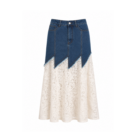 Lumiere Denim & Lace Midi Skirt