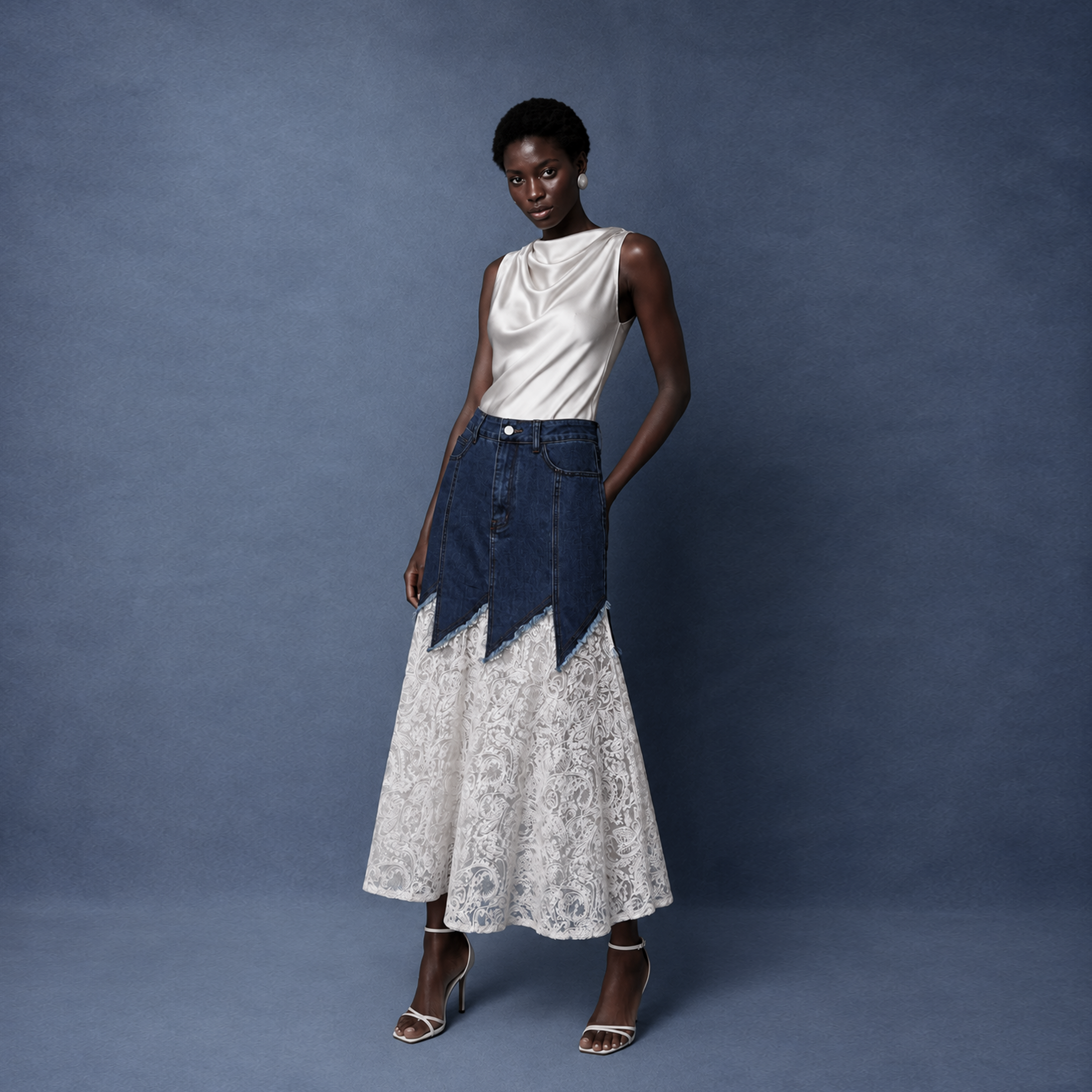 Lumiere Denim & Lace Midi Skirt