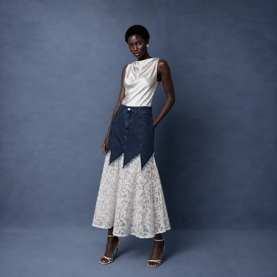 Lumiere Denim & Lace Midi Skirt