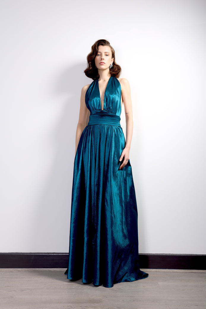 Teal Backless Halter Gown