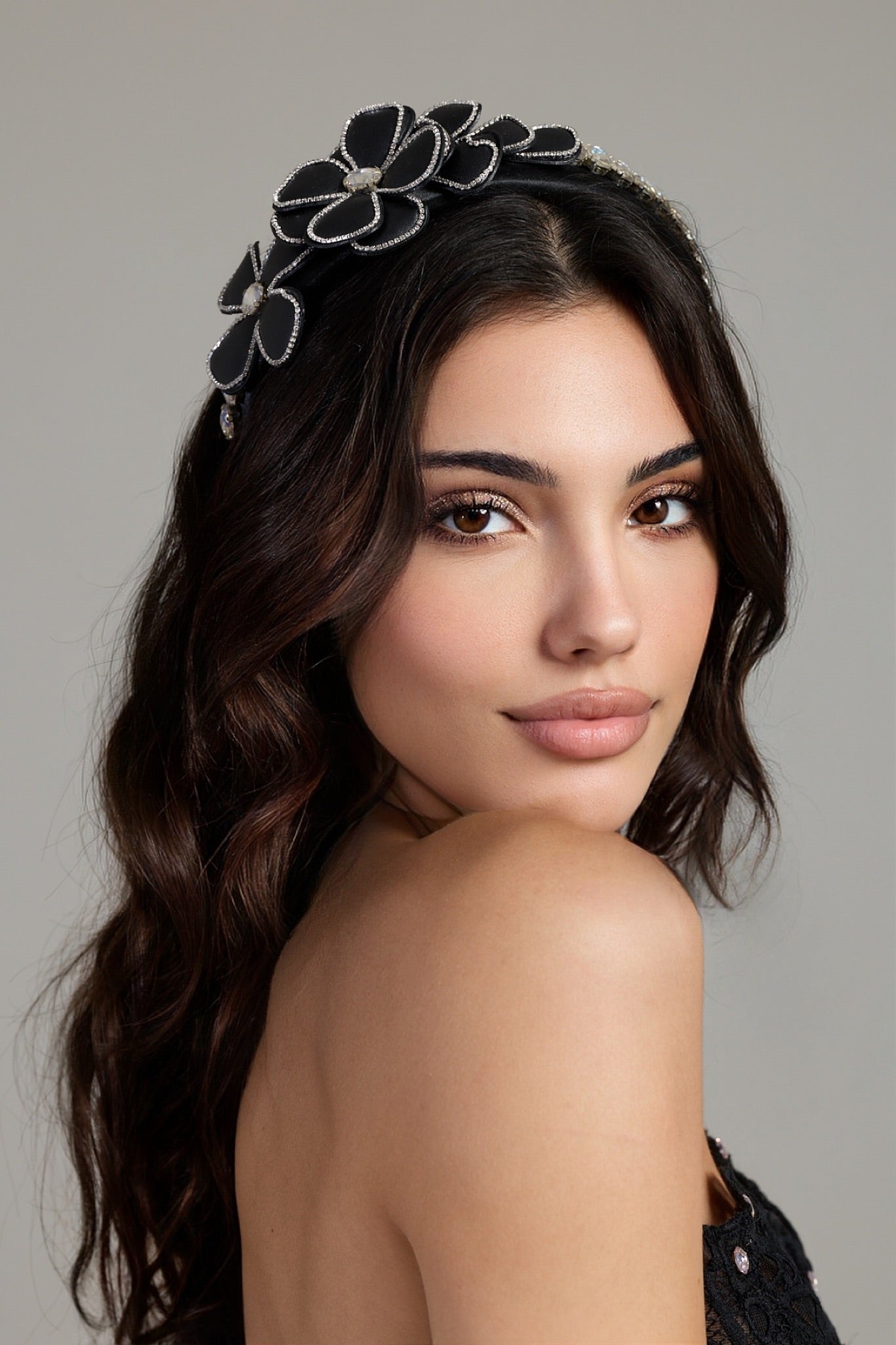 Noir Blossom Crystal Headband